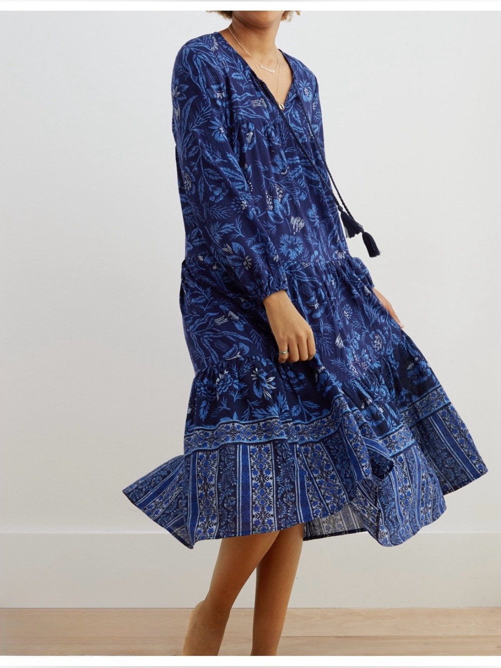 Aerie Floral Tiered Midi Peasant Dress Womens XS Blue Tassel Tie Cotton Boho